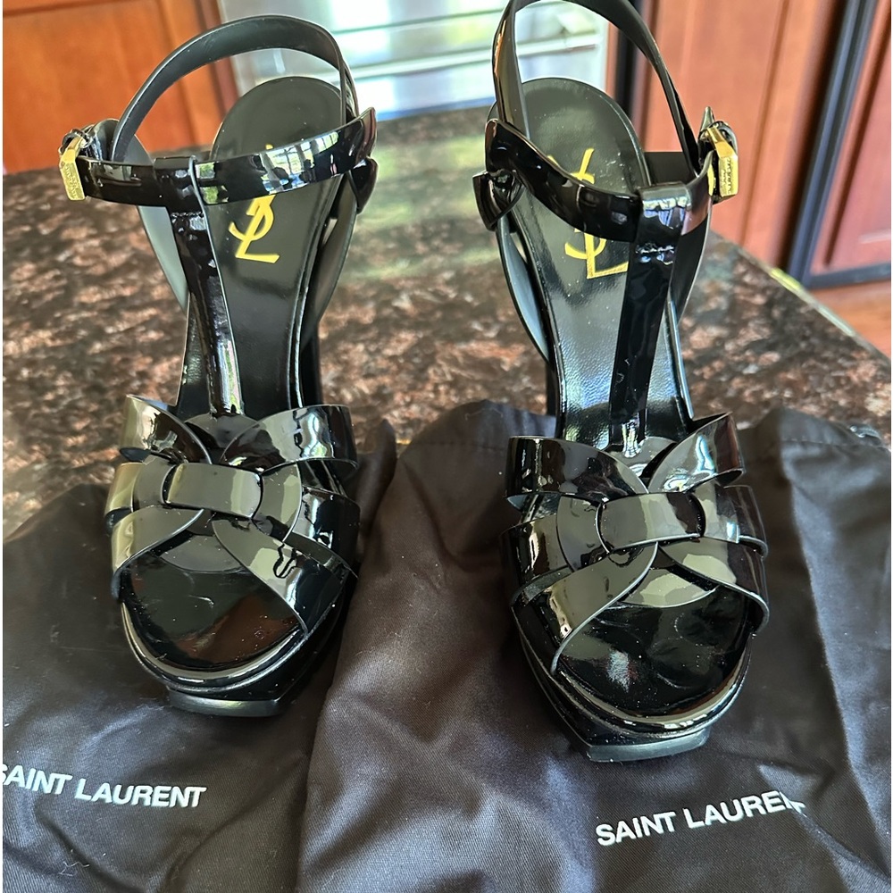 YSL Tribute Patent T-Strap Platform Sandals size 38